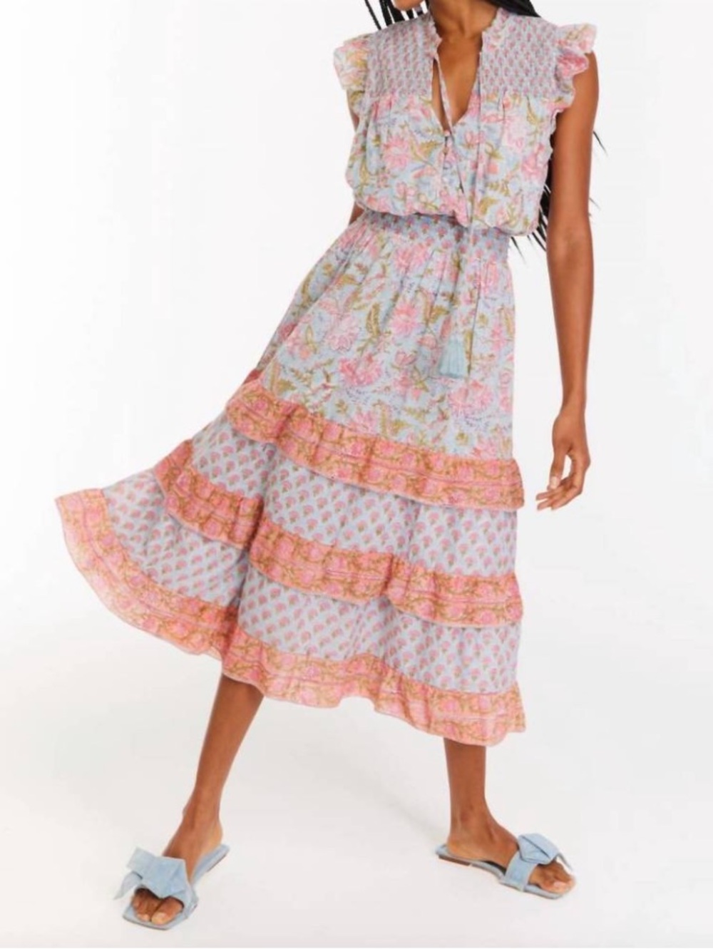 Allison New York Misha floral midi dress in blue and coral - Medium